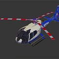 Blue Helicopter with Red and White Striped Rotors Modern Design Transparent Cockpit and Shiny Exterior