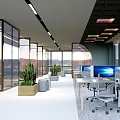 Open Public Office Space with Modern Desks Computers Green Plants Large Windows and Bright Lighting