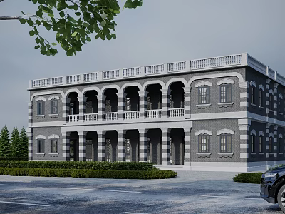 Classical Style Two Story Office Building With Arched Windows Balcony Railings And Greenery 3d model