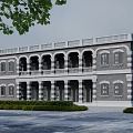 Classical Style Two Story Office Building With Arched Windows Balcony Railings And Greenery