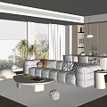 Cream Style Home Guest Restaurant Fabric Sofa Coffee Table Combination Round Coffee Table Dining Table and Chair Combination Backrest Dining Chair Leisure Sofa Chair Floor-to-ceiling Window Decoration Ornaments 3d model