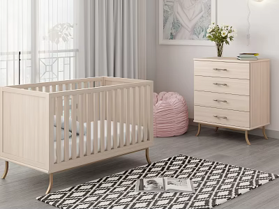 Modern Wooden Baby Crib In Nursery Room With Pink Pouf Dresser And Geometric Rug 3d model