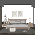 Warm Neutral Bedroom Interior With Wooden Bed Nightstands Abstract Art Light Rug And Round Stool