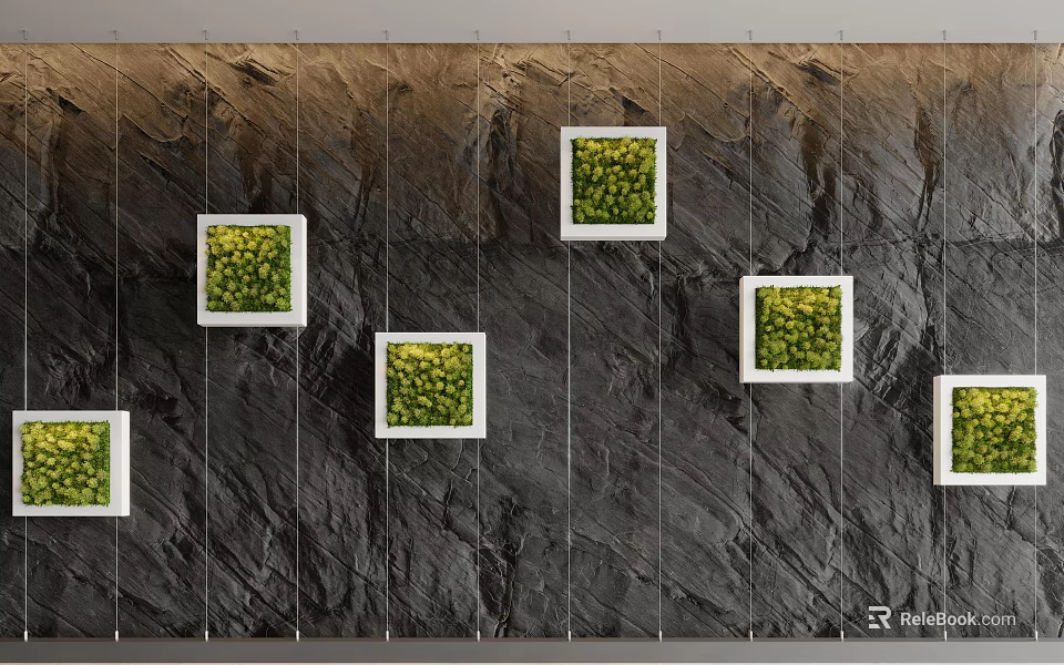 Living Plant Wall with White Framed Square Plant Boxes on Black Rock Textured Wall 3d model 