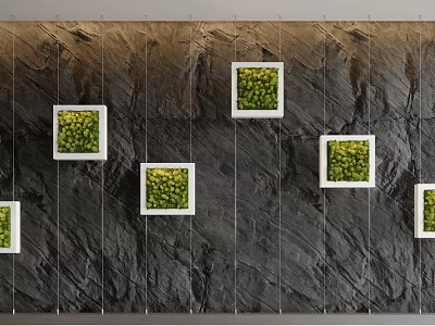 Living Plant Wall with White Framed Square Plant Boxes on Black Rock Textured Wall 3d model