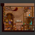 Cartoon Magical Wizard Workshop Interior With Wooden Shelves Books Bottles And Glowing Potion Cauldrons