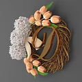 Woven Decorative Wreath With White Flowers Pink Tulips Beige Ribbon And Natural Base