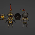 Game and Movie Character Little Knight With Flame Helmet Black Gold Armor Holding Shield And Cute Design