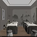Elegant Beauty Salon Interior with Treatment Beds Landscape Paintings and Circular Decor
