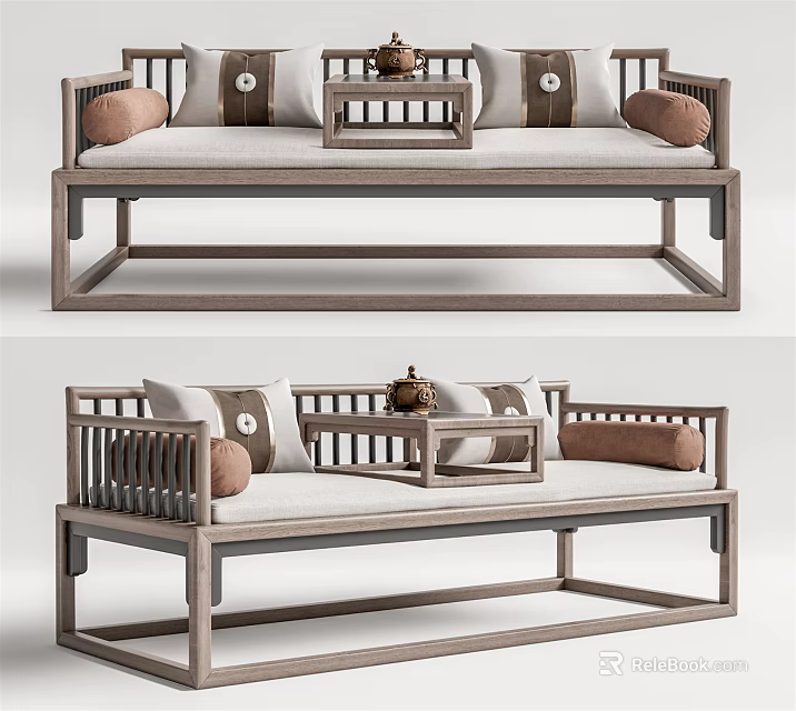 Traditional Chinese Wooden Arhat Bed With Soft Pillows And Small Tea Table 3d model 