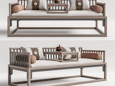 Traditional Chinese Wooden Arhat Bed With Soft Pillows And Small Tea Table 3d model