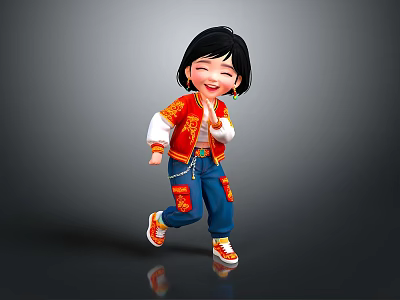 Cheerful Cartoon Girl With Black Short Hair In Red Embroidered Jacket And Blue Pants Dancing 3d model