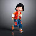 Cheerful Cartoon Girl With Black Short Hair In Red Embroidered Jacket And Blue Pants Dancing