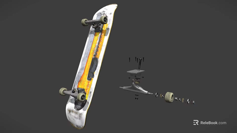White Skateboard With Yellow Pattern And Separated Components Including Wheels And Trucks 3d model