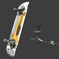 White Skateboard With Yellow Pattern And Separated Components Including Wheels And Trucks 3d model