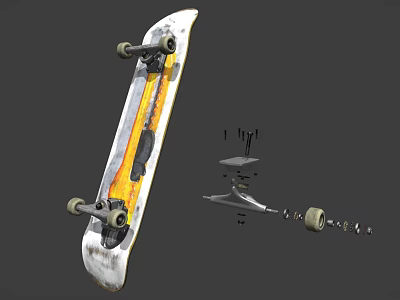 White Skateboard With Yellow Pattern And Separated Components Including Wheels And Trucks 3d model
