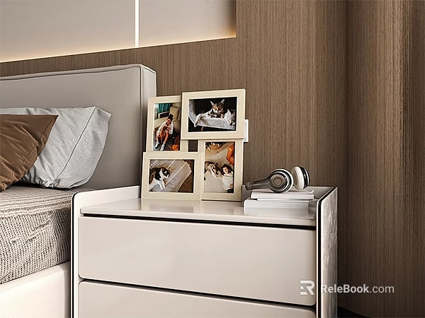 Modern Bedroom Nightstand With Photo Frames Holding Family Photos And Stack Of Books 3d model 