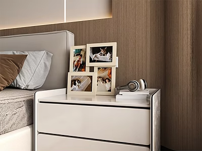 Modern Bedroom Nightstand With Photo Frames Holding Family Photos And Stack Of Books 3d model