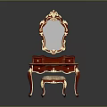 Ornate Red Dressing Table With Gold Carved Mirror And Cushioned Stool