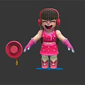 Cartoon Girl Character In Pink Star Dress With Headphones And Pink Hat