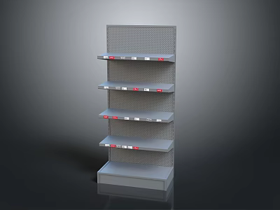 Gray Standing Display Shelf With Multiple Perforated Metal Shelves And Red White Labels 3d model