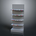 Gray Standing Display Shelf With Multiple Perforated Metal Shelves And Red White Labels