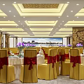 Luxurious Banquet Hall Interior With Yellow Chairs Red Bows And Dragon Patterned Walls 3d model