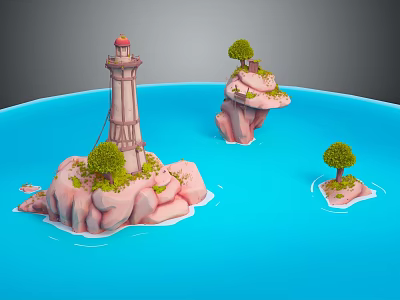 Cartoon Scene Featuring Lighthouse On Rocky Island Small Islands And Green Trees In Blue Water 3d model
