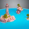 Cartoon Scene Featuring Lighthouse On Rocky Island Small Islands And Green Trees In Blue Water