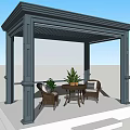 Outdoor Pergola Seating Area With Wicker Chairs Table And Green Plants