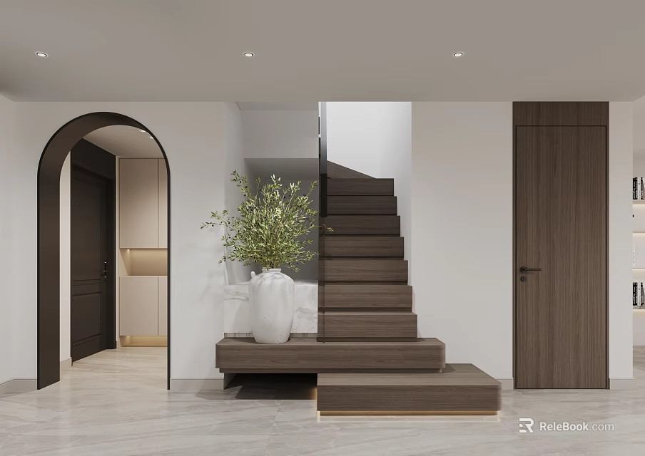 Dining Living Room Interior With Arched Doorway Staircase And Green Plant 3d model 