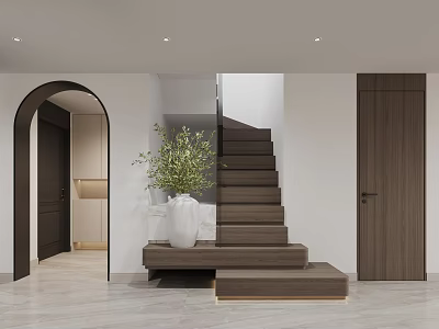 Dining Living Room Interior With Arched Doorway Staircase And Green Plant 3d model