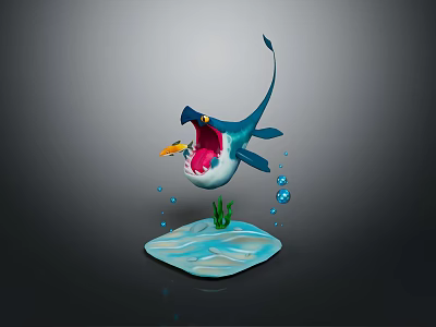 Shark Aquatic Animal with Open Mouth Small Fish Bubbles and Aquatic Plants on Water Ripples 3d model