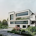 Modern Detached Villa with Large Glass Windows White Exterior Greenery and Front Driveway