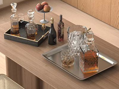 Glass Wine Bottles And Drinking Glasses On Wooden Table With Ice Cubes And Peach Tray 3d model