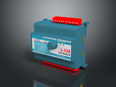 Industrial Computer DI DO Module with Blue Casing Red Top Knob and Interface Ports 3d model