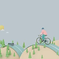 Cartoon Game Character Riding Bicycle Along Road With Trees Sun Clouds And Bus