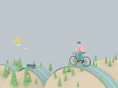 Cartoon Game Character Riding Bicycle Along Road With Trees Sun Clouds And Bus 3d model