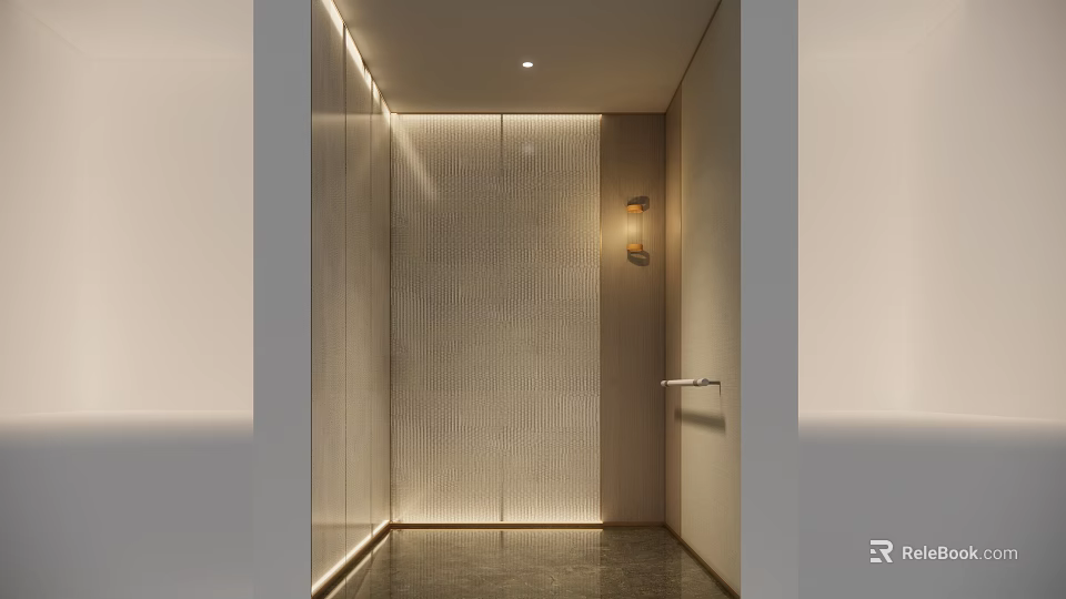 Modern Elevator Corridor With Textured Walls Lighting And Handrail 3d model