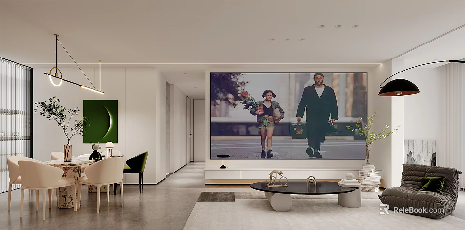 Modern Living Dining Room Interior Design With Large Screen TV Dining Table And Sofa Area 3d model 