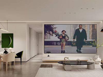 Modern Living Dining Room Interior Design With Large Screen TV Dining Table And Sofa Area 3d model