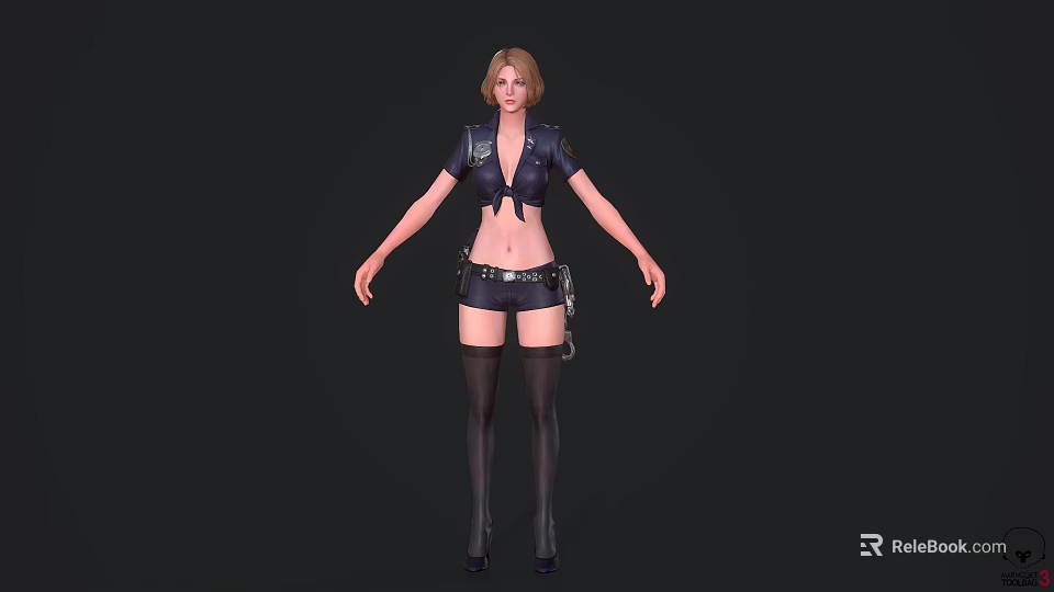 Female Game Movie Character in Black Cropped Top and Shorts Thigh High Stockings with Holster 3d model 