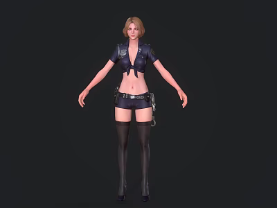 Female Game Movie Character in Black Cropped Top and Shorts Thigh High Stockings with Holster 3d model