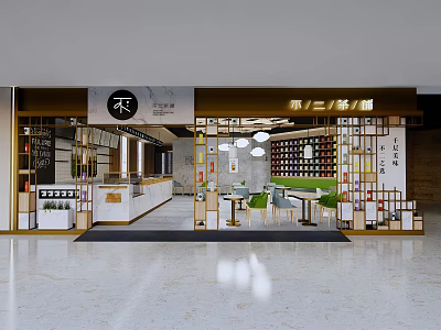 Modern Milk Tea Shop Interior With Wooden Decor Glass Partitions And Seating Area 3d model