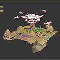 Low Poly Yellow Geometric Scene with Mountainous Terrain Small House White Clouds Dark Background Reflections