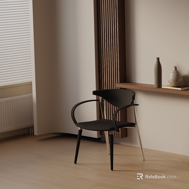 Black Modern Dining Chair with Metal Legs in Minimalist Interior and Wooden Shelf with Vases 3d model 