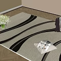 Square Beige Rug With Black Wavy Lines On Wooden Floor With White Flowers In Vase