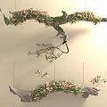 Decorative Branch Shaped Wall Hanging With Flowers And Green Leaves For Natural Home Interior Decor