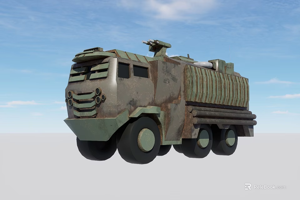 Camouflaged Military Truck Heavy Duty Multi Wheel Design With Roof Mounted Equipment Blue Sky Background 3d model 