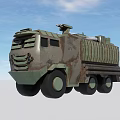 Camouflaged Military Truck Heavy Duty Multi Wheel Design With Roof Mounted Equipment Blue Sky Background